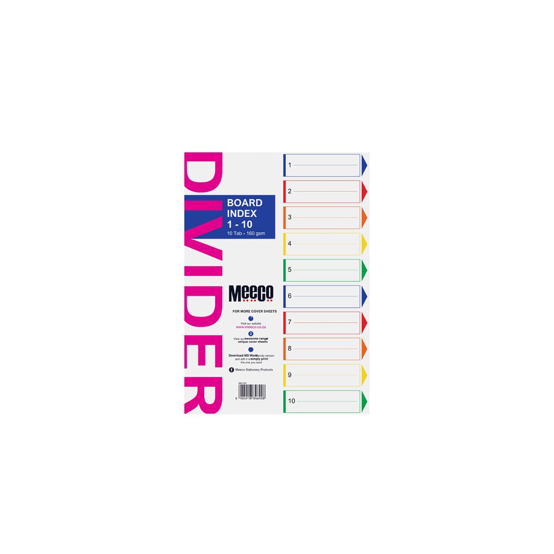 MEECO File Divider A4 1-10 Tab Bright Printed 160gsm Board Index