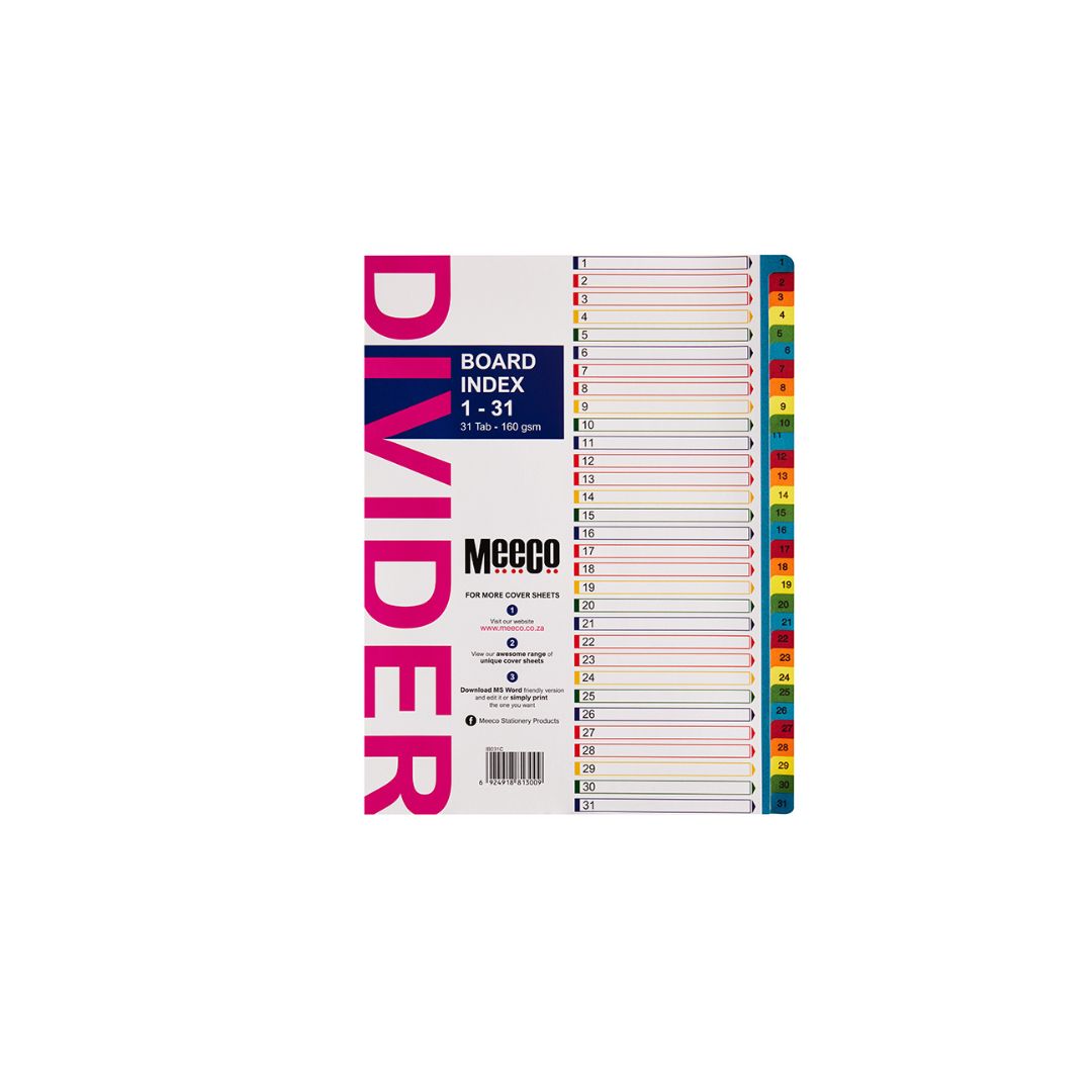 MEECO File Divider A4 1 - 31 Tab Bright Printed 160gsm Board Index