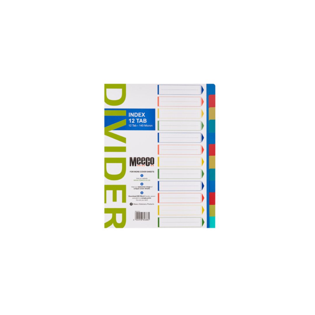 MEECO File Divider A4 12 Tab Plain 140 Micron Polypropylene Index Multi Colour