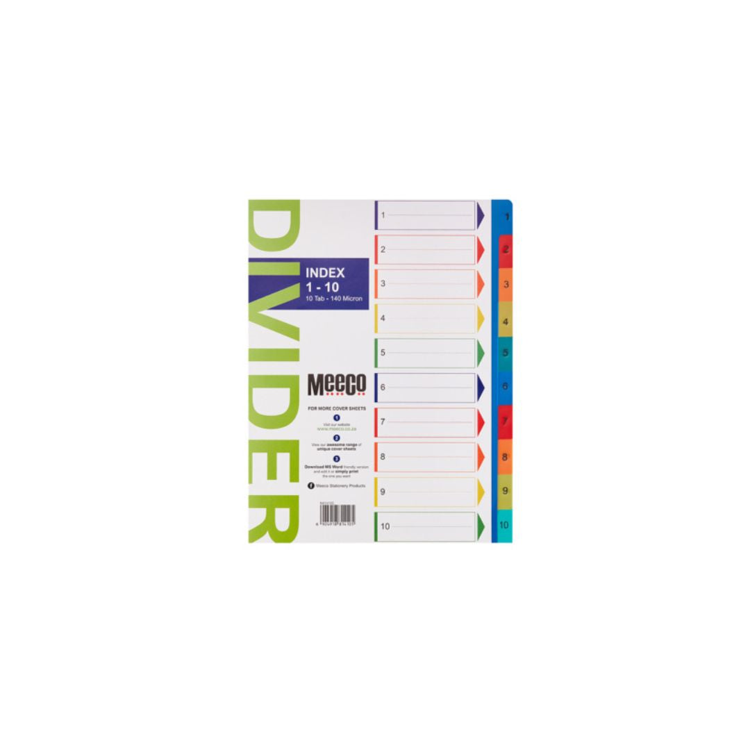 MEECO File Divider A4 1 - 10 Tab Printed 140 Micron Polypropylene Index Multi Colour