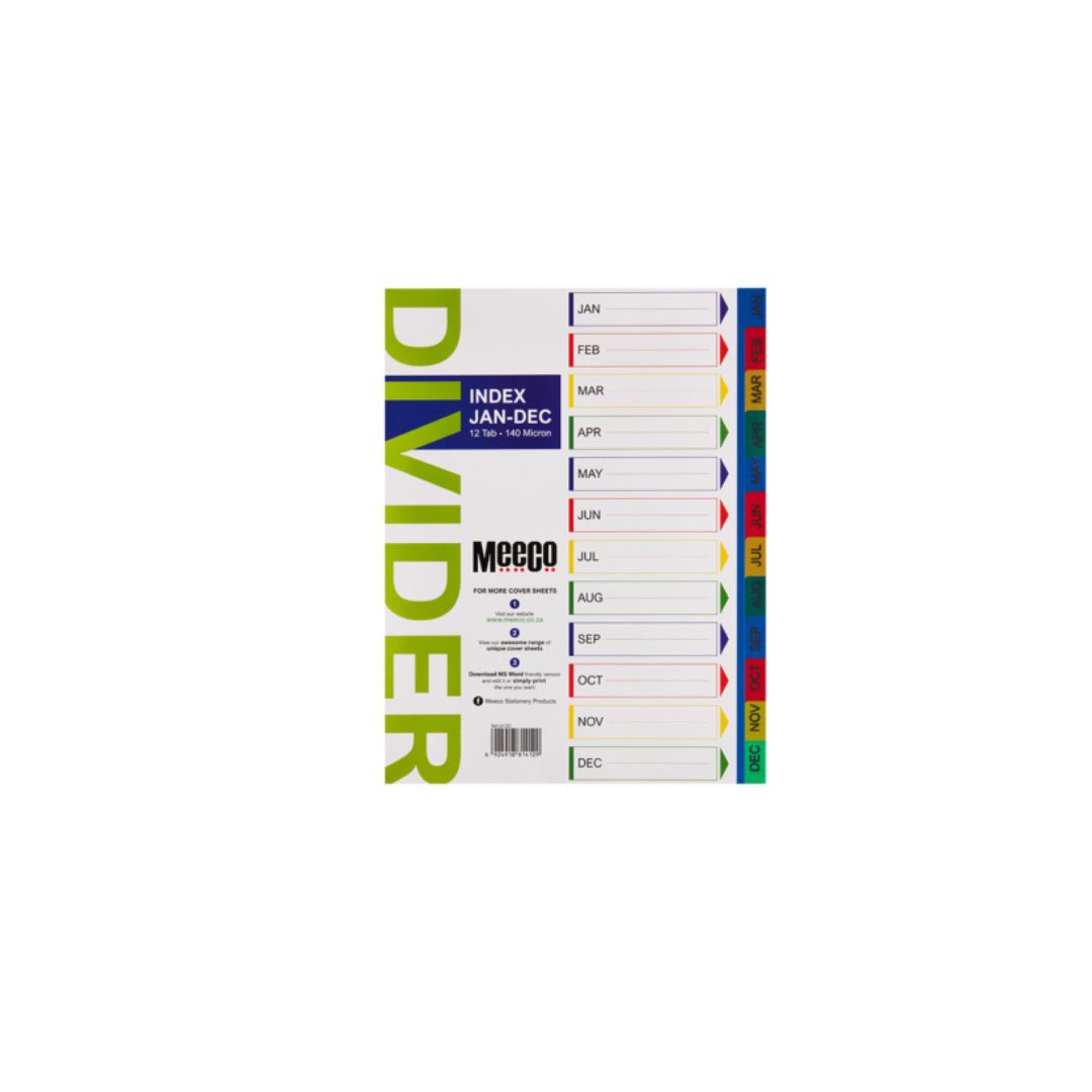 MEECO File Divider A4 Jan - Dec Tab Printed 140 Micron Polypropylene Index Multi Colour