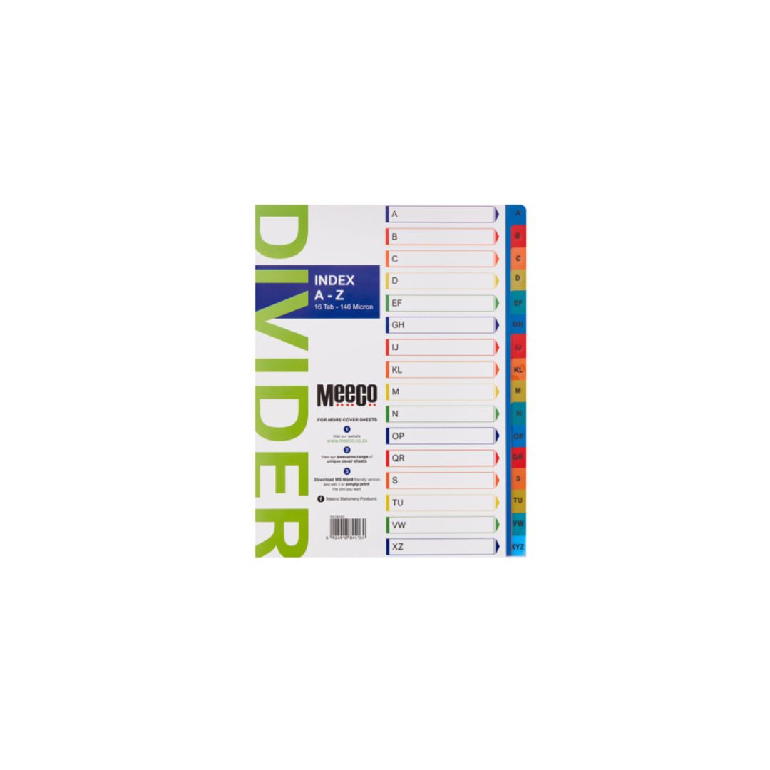 MEECO File Divider A4 A -Z 16 Tab Printed 140 Micron Polypropylene Index Multi Colour
