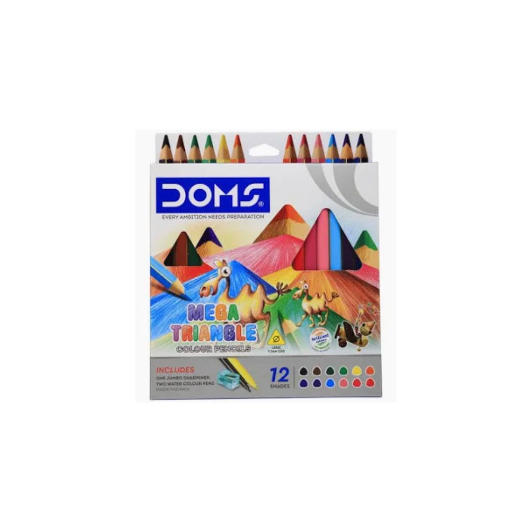 DOMS MEGA Triangle Colouring Pencils 12 PC + Sharpener+ 2 Pens