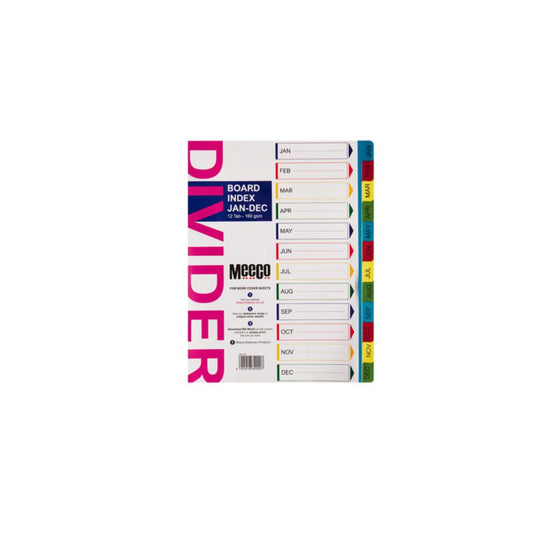 MEECO File Divider A4  Jan to Dec Tab Bright Printed 160gsm Board Index