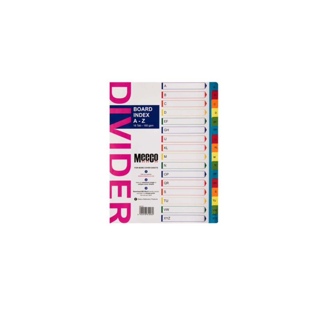 MEECO File Divider A4  A TO Z  16 Tab Bright Printed 160gsm Board Index