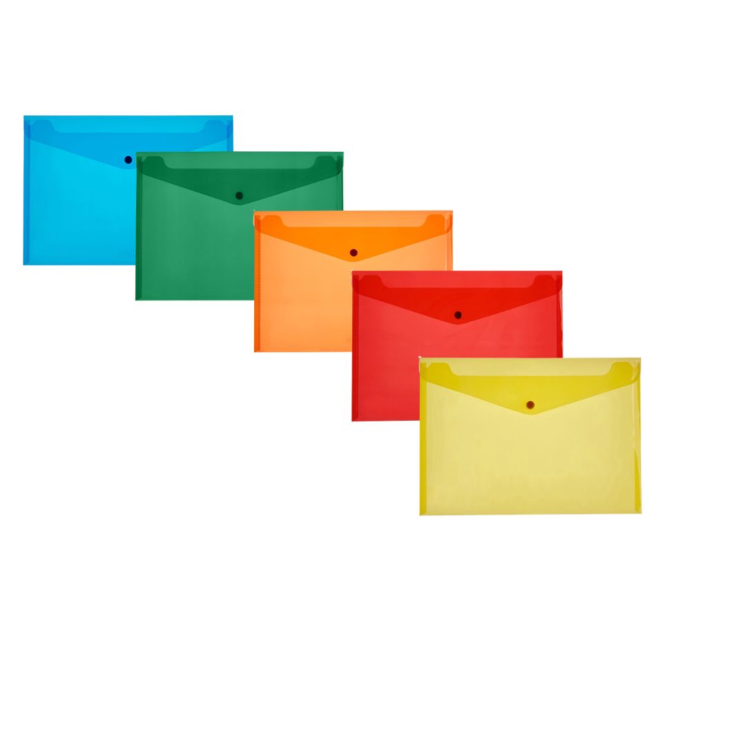 MEECO A4 PVC Carry Folder with Stud 180 micron 5 Assorted Colours