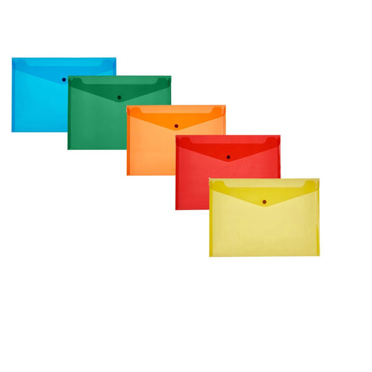 MEECO A4 PVC Carry Folder with Stud 180 micron 5 Assorted Colours