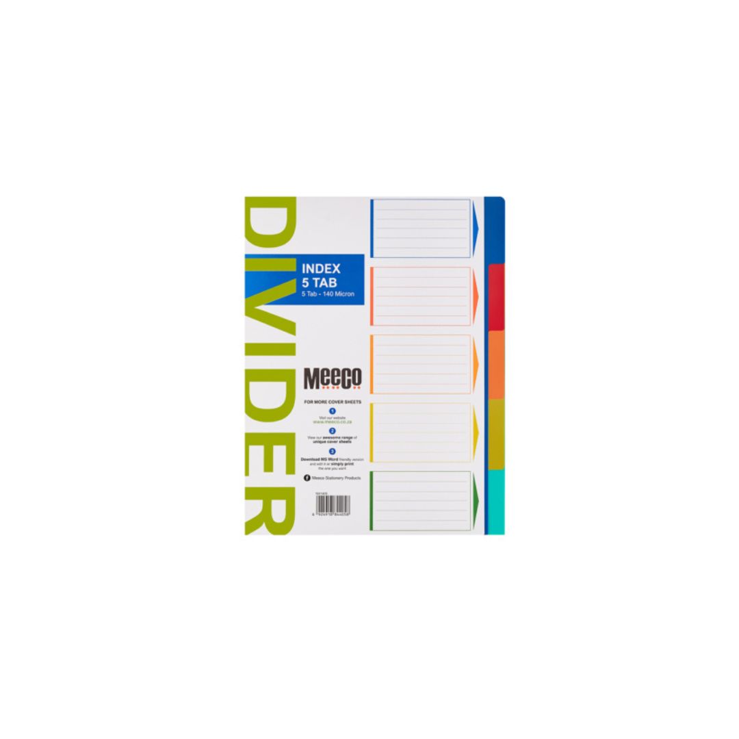 MEECO File Divider A4 5 Tab Plain 140 Micron Polypropylene Index Multi Colour