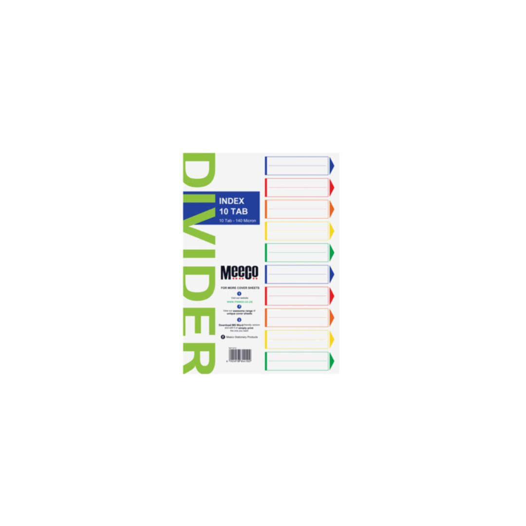 MEECO File Divider A4 10 Tab Plain 140 Micron Polypropylene Index Multi Colour