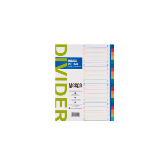 MEECO File Divider A4 20 Tab Plain 140 Micron Polypropylene Index Multi Colour
