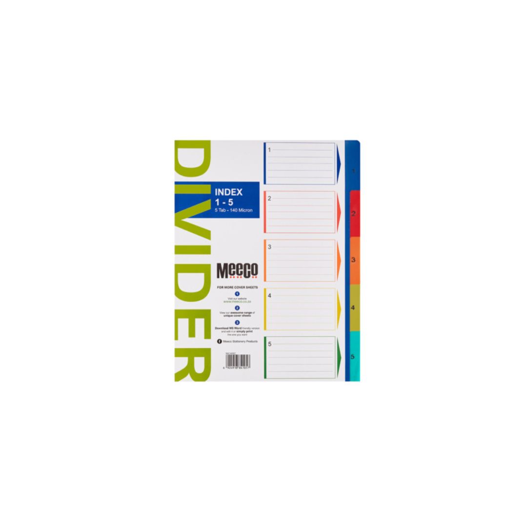 MEECO File Divider A4 1 - 5 Tab Printed 140 Micron Polypropylene Index Multi Colour
