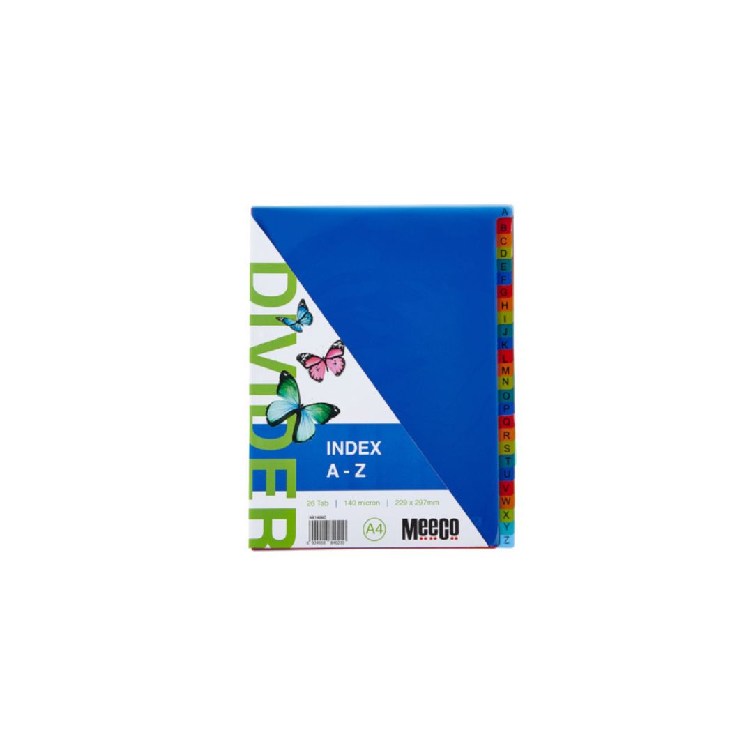 MEECO File Divider A4 A -Z 26 Tab Printed 140 Micron Polypropylene Index Multi Colour