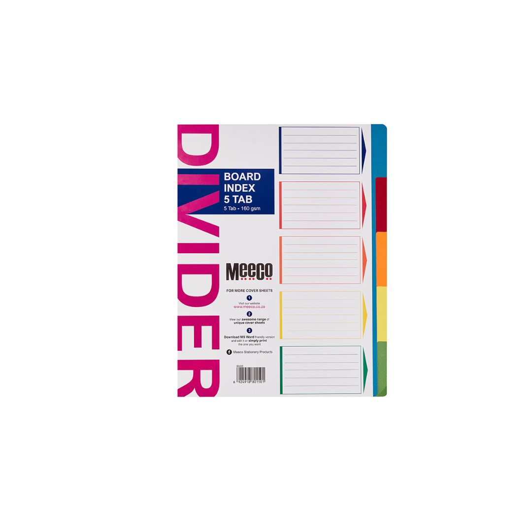MEECO File Divider A4 5 Tab Plain 160gsm Bright Board Index Multi Colour