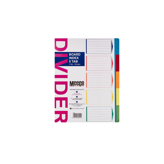 MEECO File Divider A4 5 Tab Plain 160gsm Bright Board Index Multi Colour