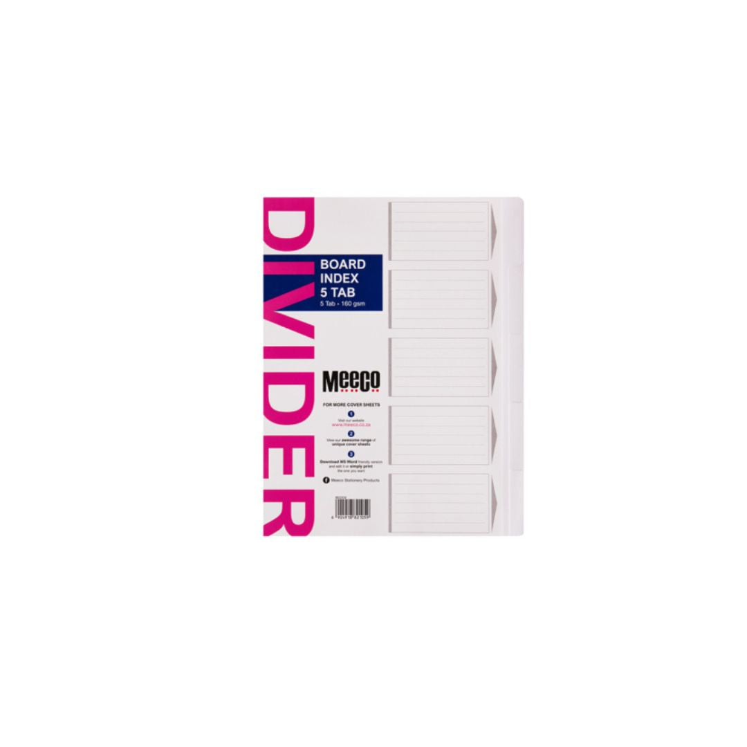 MEECO File Divider A4  5 Tab Plain White 160gsm  Board Index