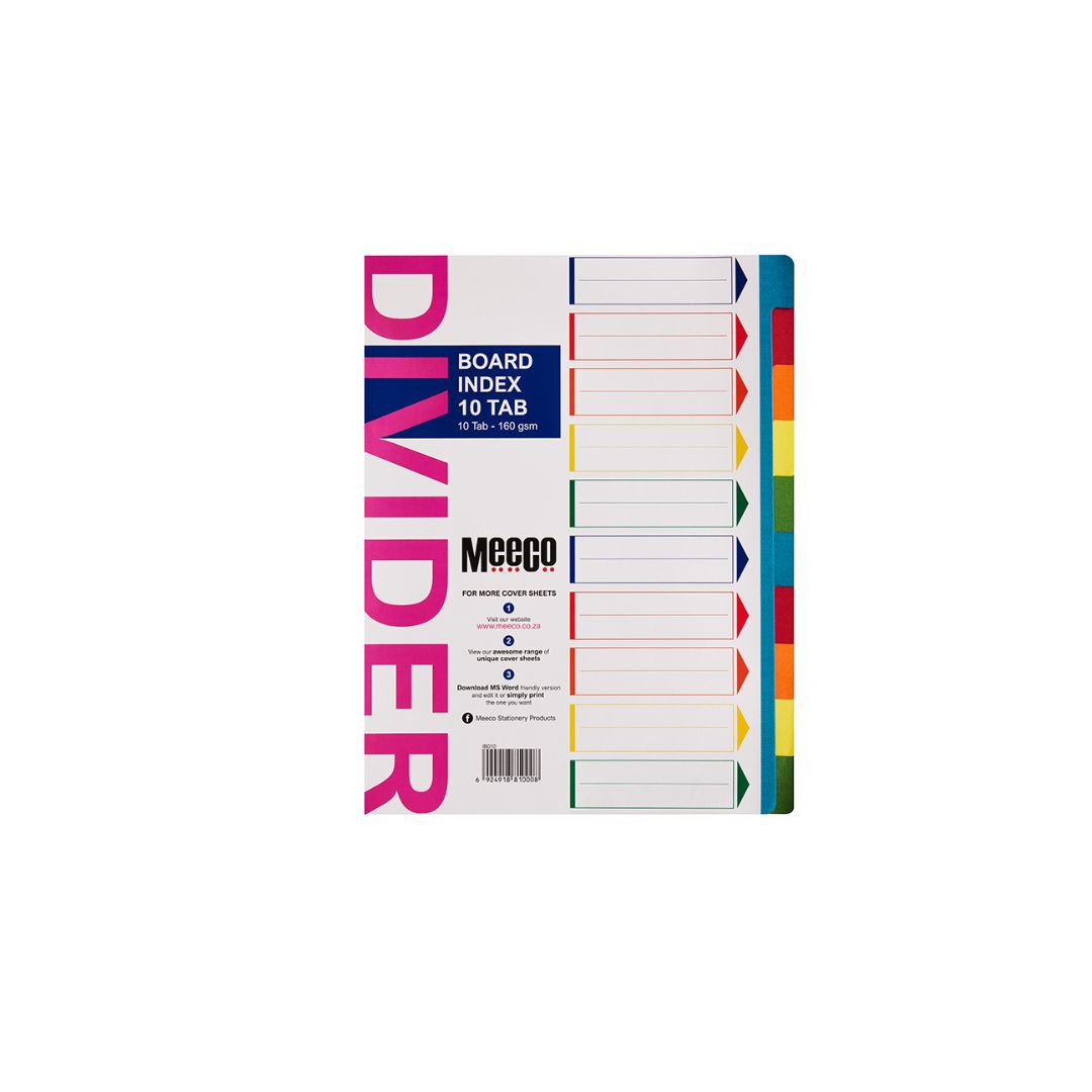 MEECO File Divider A4 10 Tab Plain 160gsm Bright Board Index Multi Colour