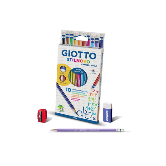 GIOTTO STILNOVO ERASABLE Coloured Pencils Box 10 pcs + eraser + sharpener