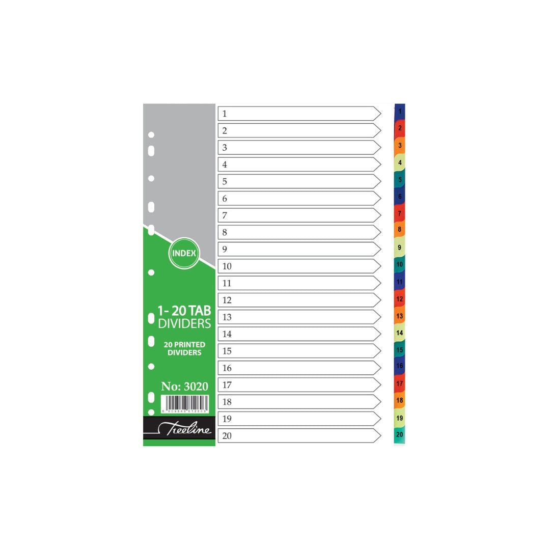 TREELINE File Divider A4 Index 1-20 Rainbow  160 Micron PVC