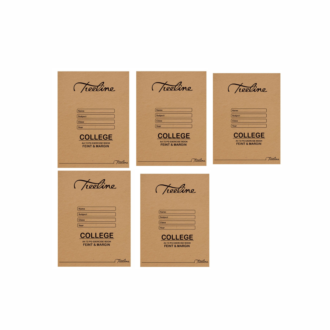TREELINE A4 Exercise Book 72 pg Feint & Margin College 5 pack