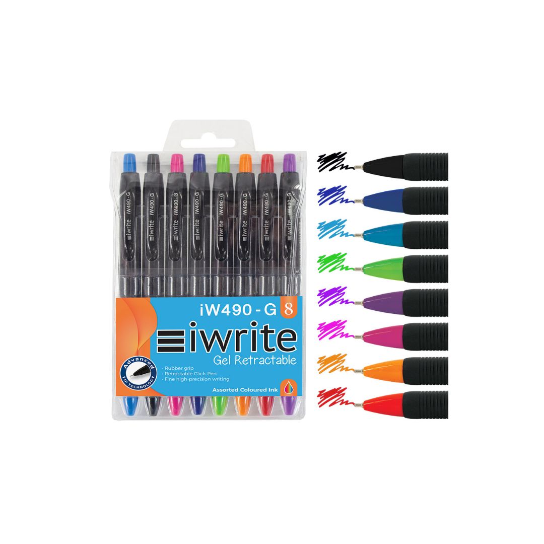 IWRITE Colourful Gel Retractable Pens 0.5mm  Wallet of 8