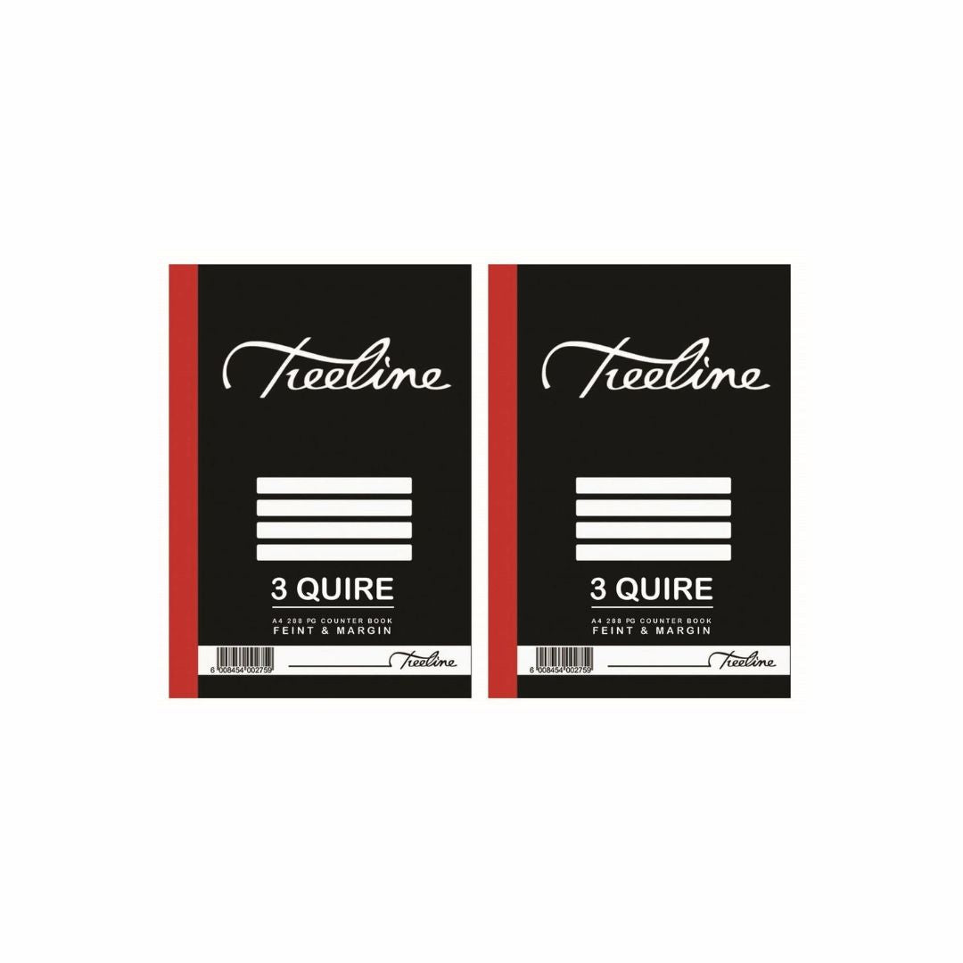 TREELINE A4 Counter Book 3 Quire Hard Cover 288 pg Feint & Margin 2 pack