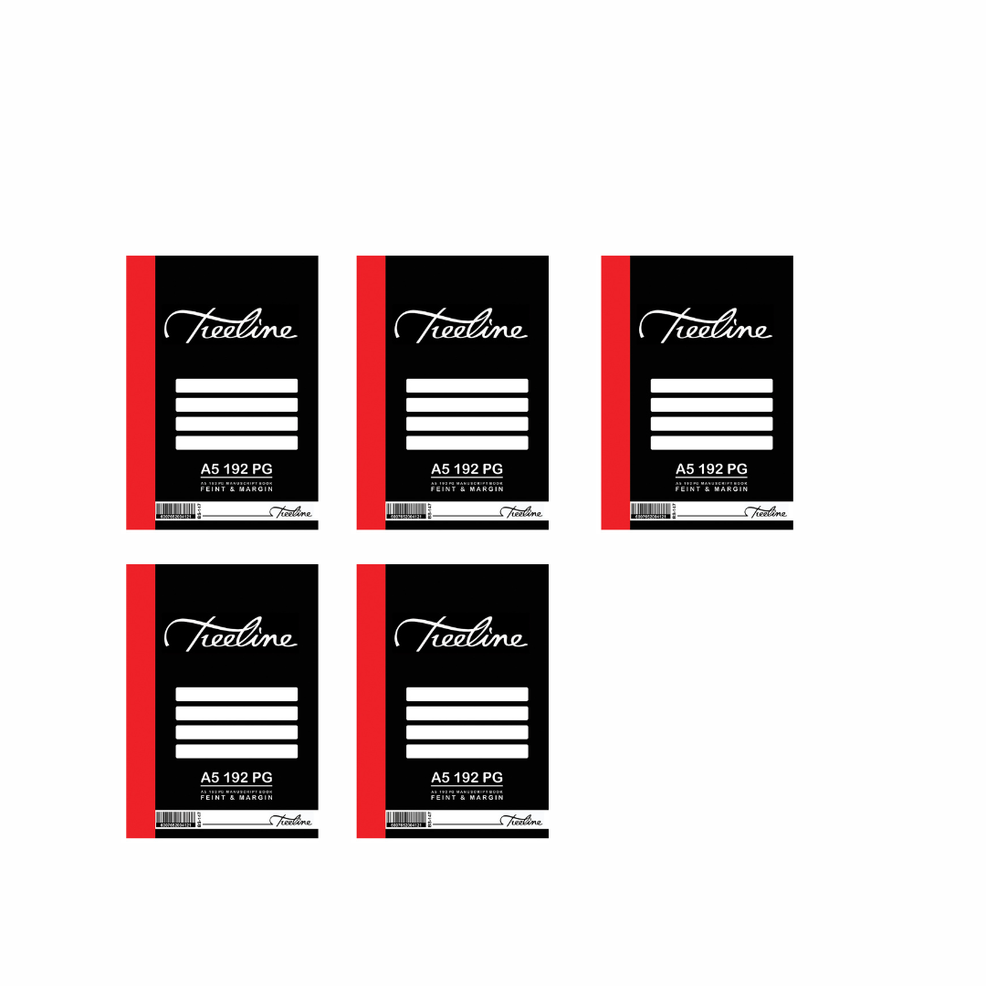 TREELINE A5 Hard Cover 192 pg Feint & Margin Manuscript Book 5 Pack